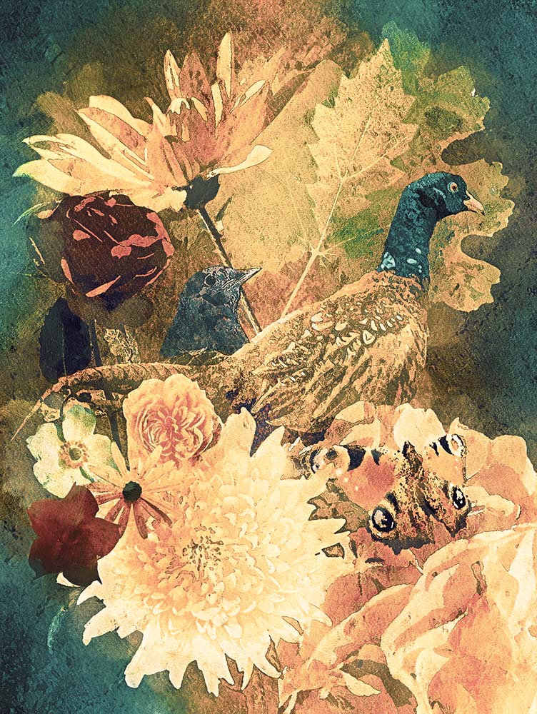 Compositie van vogels en bloemen